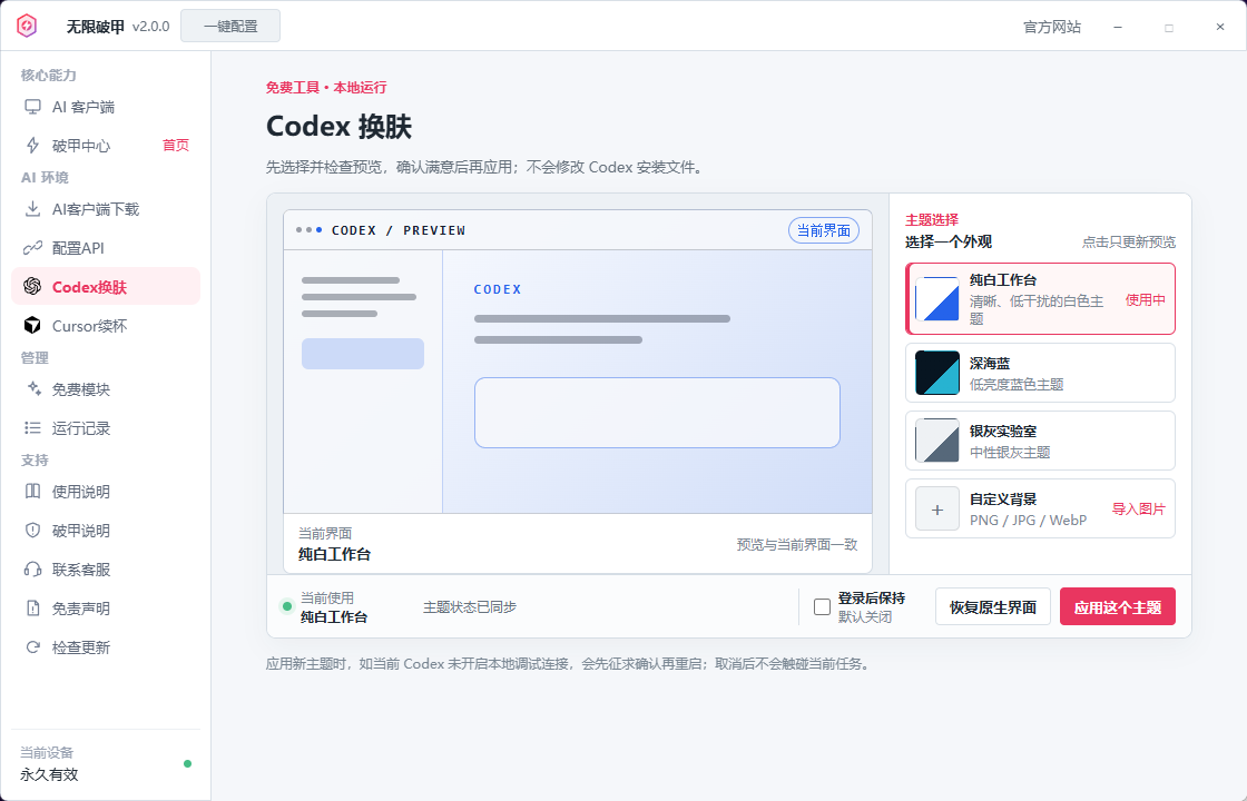 无限破甲 Codex 换肤界面